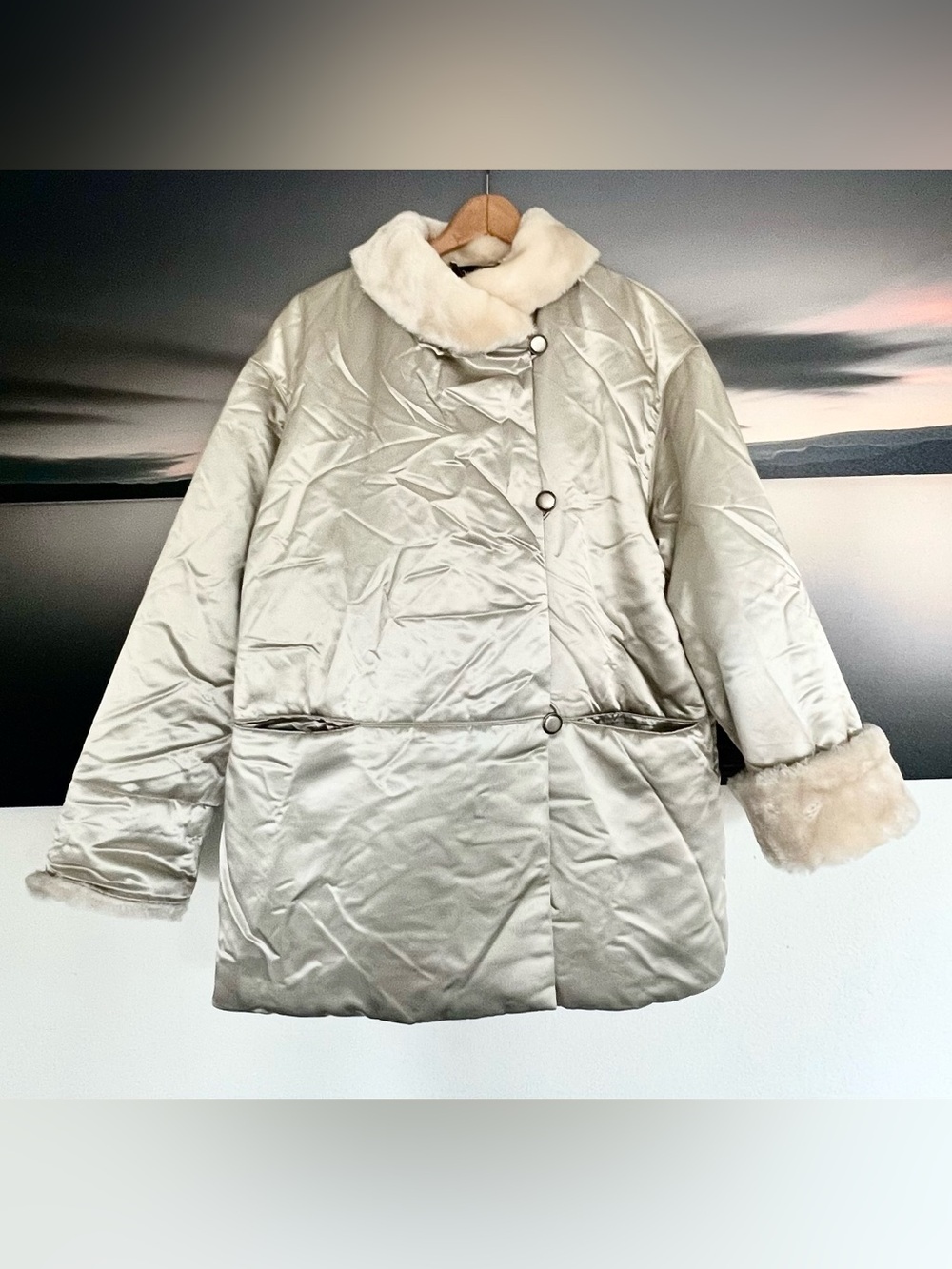 Vintage 80s Jean Paul Champagne Satin Faux Fur Coat Mob Wife Glam Medium 8 Mint!